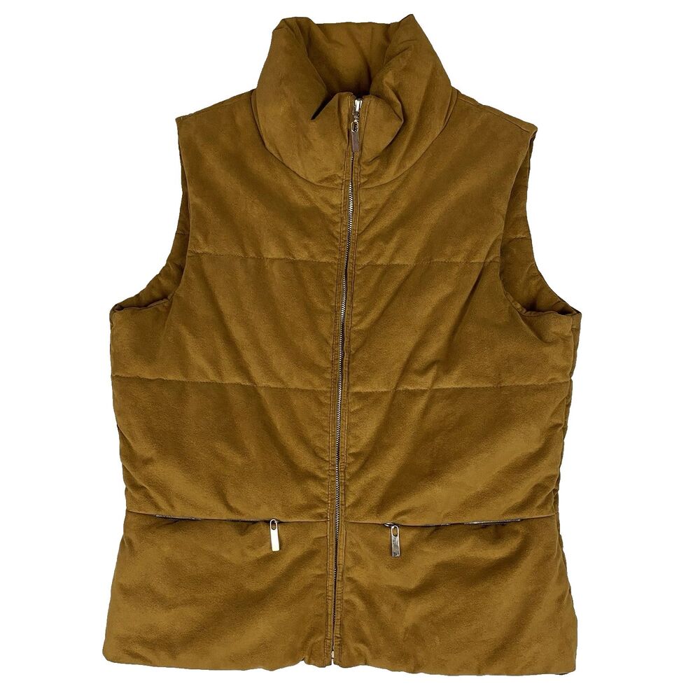 M Miller Womens M Primaloft Faux Suede Puffer Vest Brown Made USA Zip Pockets